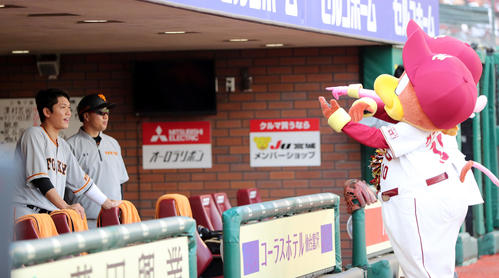 楽天対巨人　試合前、楽天マスコットのクラッチとクラッチーナの挑発を受ける巨人坂本勇（左）（撮影・垰建太）