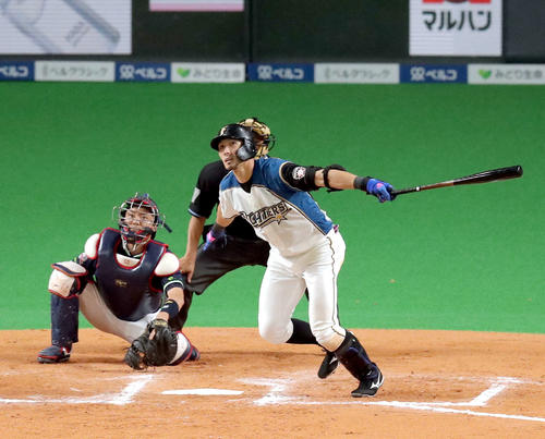 日本ハム対ヤクルト10回裏日本ハム1死二、三塁、大田はサヨナラ中犠飛を放つ（撮影・佐藤翔太）