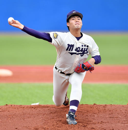 福井工大対明大　明大先発で力投する伊勢（撮影・滝沢徹郎）