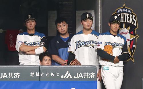 日本ハム対ヤクルト　ベンチで試合を見つめる清宮（右から2人目）（撮影・黒川智章）