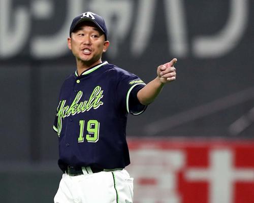 日本ハム対ヤクルト　5回裏、打者を3人で抑えポーズをとる石川（撮影・黒川智章）