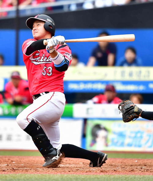 ロッテ江村直也は左越えにプロ初本塁打となる満塁弾を放つ（2019年6月2日撮影）