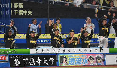 ロッテ対阪神　10回表阪神1死一、二塁、糸井の勝ち越しの適時打で盛り上がる矢野監督（左から3人目）ら阪神ベンチ（撮影・滝沢徹郎）
