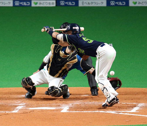 日本ハム対ヤクルト　7回表ヤクルト2死一塁、中村は死球を受ける（撮影・佐藤翔太）