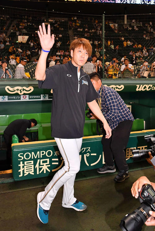 広島対日本ハム　ファンの歓声に手を挙げて応える宮西尚生（撮影・上田博志）