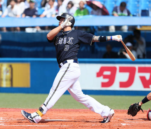 ヤクルト対オリックス　1回表オリックス2死一塁、ロメロは左越え2点本塁打を放つ（撮影・足立雅史）