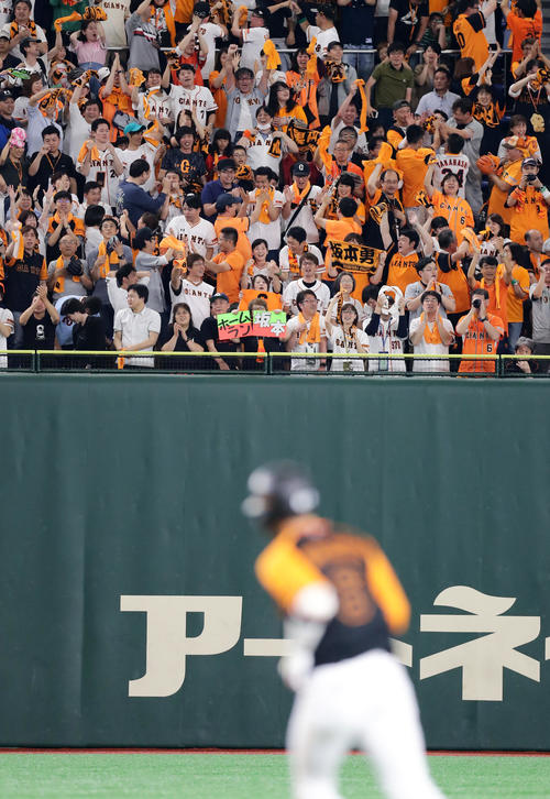 巨人対ロッテ　5回裏巨人無死、坂本勇は中堅左に同点ソロ本塁打を放ち、「ホームラン坂本」とボードを持って喜ぶファンのもと1周する（撮影・浅見桂子）