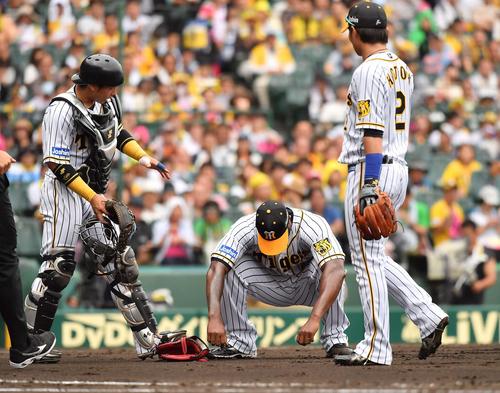 阪神対日本ハム　3回表日本ハム2死一、二塁、中島卓也の打球を右足に当てたオネルキ・ガルシアはあまりの激痛にグラウンドに座り込む（撮影・上田博志）