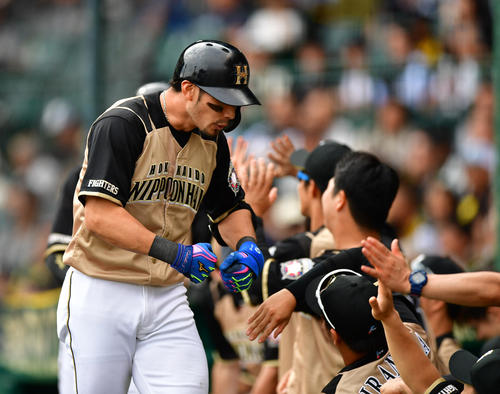 6回表日本ハム無死一塁、右越えの勝ち越し2点本塁打を放ち生還する大田泰示（撮影・清水貴仁）