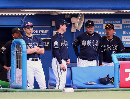 ヤクルト対オリックス　戦況を見つめるオリックスの西村監督（右から2人目）（撮影・足立雅史）