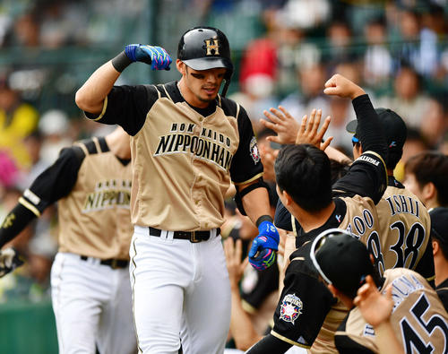 阪神対日本ハム　6回表日本ハム無死一塁、右越え2点本塁打を放ち生還する大田（撮影・清水貴仁）