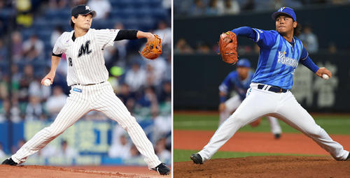 ロッテ涌井秀章（左）とDeNA浜口遥大