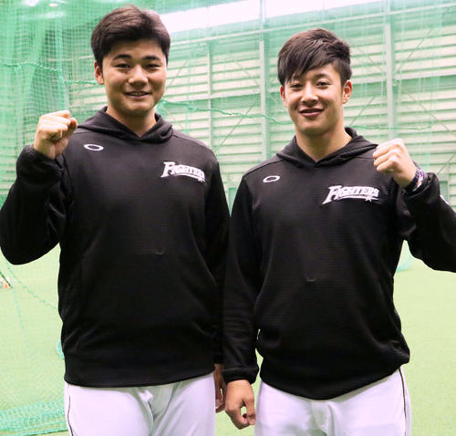 日本ハム清宮幸太郎（左）と吉田輝星（2019年4月30日撮影）