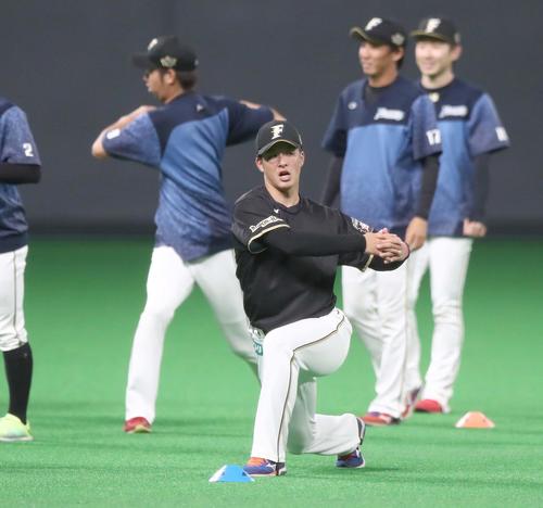 日本ハム対広島　練習前にアップする吉田輝（撮影・黒川智章）