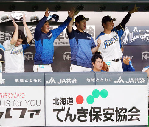 日本ハム対広島　延長10回裏日本ハム無死、西川の二塁打で盛り上がる清宮幸太郎（右）ら日本ハムベンチ（撮影・垰建太）