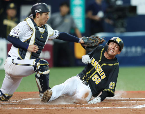 オリックス対阪神　7回表阪神1死二塁、ジェフリー・マルテの適時打で勝ち越しの生還を果たす荒木郁也（撮影・前田充）
