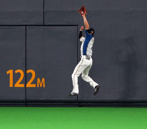 日本ハム対巨人　1回表巨人無死一塁、坂本勇人の打球をフェンス際で好捕する西川（撮影・垰建太）