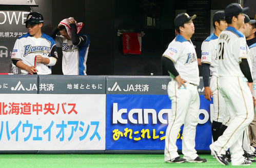 日本ハム対巨人　2回を終え5失点の日本ハム金子（左から2人目）はベンチに戻りタオルで汗をぬぐう（撮影・垰建太）