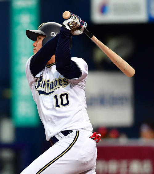 オリックス対阪神　4回裏オリックス2死二塁、右中間へ先制適時二塁打を放つ大城滉二（撮影・清水貴仁）
