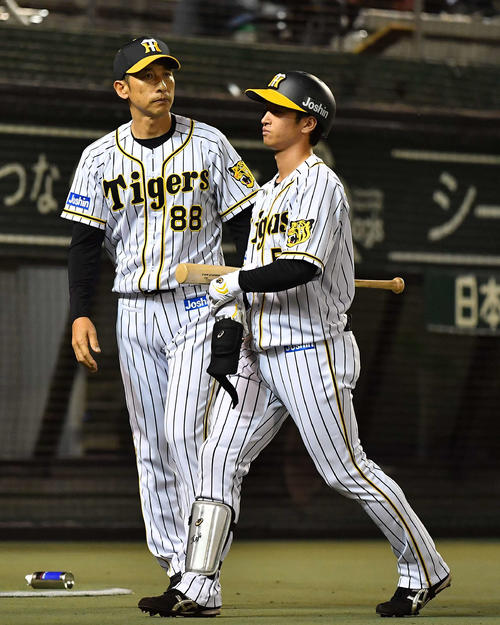 投手交代を告げる矢野監督。右は近本（撮影・上田博志）