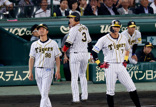 阪神対楽天　7回裏阪神無死一塁、中飛に倒れ、悔しそうな表情でベンチへ戻る大山（中央）（撮影・前田充）
