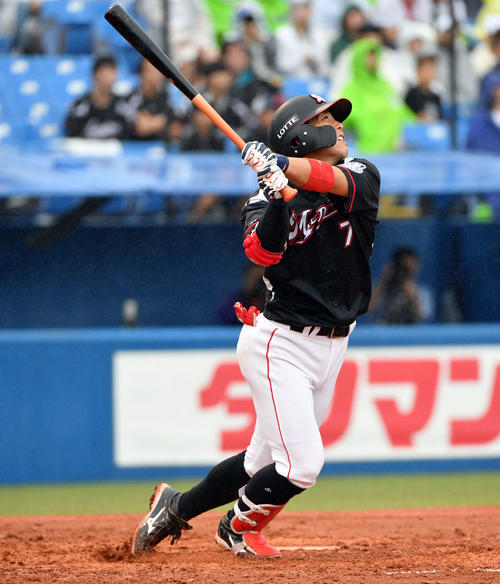ヤクルト対ロッテ　8回表ロッテ2死、鈴木はこの日2本目となる右越えソロ本塁打を放つ（撮影・滝沢徹郎）