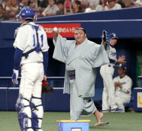 中日対日本ハム　始球式を務める御嶽海（撮影・佐藤翔太）