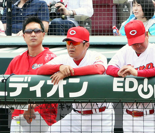 ベンチで戦況を見つめる緒方孝市監督（撮影・栗木一考）