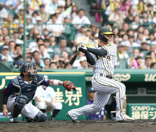 2回裏阪神無死、高山は右に二塁打を放つ（撮影・上山淳一）