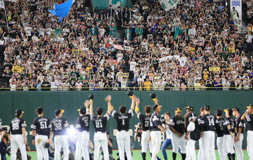 巨人対ソフトバンク　交流戦優勝を決め、左翼スタンドのファンとバンザイするソフトバンクの選手たち（撮影・浅見桂子）
