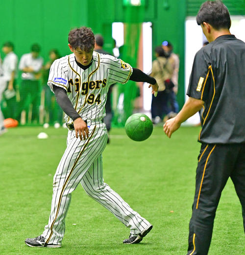 練習を行う原口文仁（撮影・清水貴仁）