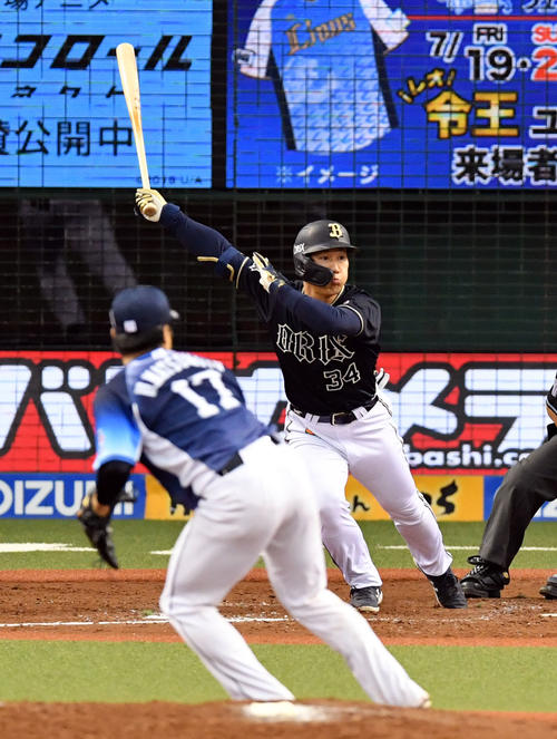 西武対オリックス　5回表オリックス1死一、二塁、吉田正は左前適時打を放つ。投手松本航（撮影・滝沢徹郎）