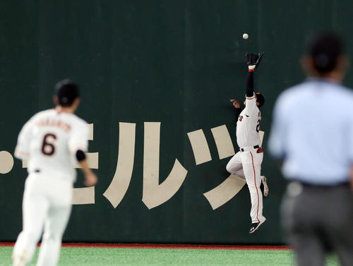 巨人対中日　2回表中日1死一塁、井領の飛球をフェンス際で好捕する岡本（撮影・垰建太）
