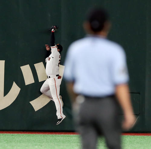巨人対中日　2回表中日1死一塁、井領の飛球をフェンス際で好捕する岡本（撮影・垰建太）