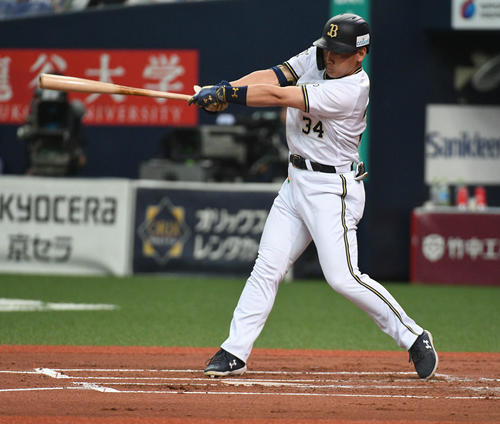 オリックス対ロッテ　1回裏オリックス2死二塁、吉田正尚は先制適時打を放つ（撮影・渦原淳）