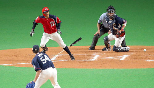日本ハム対西武 6回裏日本ハム1死、セーフティバントを決める石井(撮影・佐藤翔太)