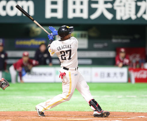 6回裏ソフトバンク1死一、二塁、グラシアルは左越えに3点本塁打を放つ（撮影・梅根麻紀）