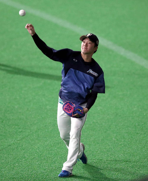 キャッチボールする日本ハム玉井（撮影・黒川智章）