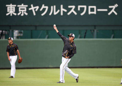 ファーム交流戦ヤクルト対阪神　試合前、キャッチボールをする藤浪（撮影・狩俣裕三）