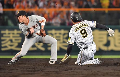 阪神対巨人　5回裏阪神1死一塁、二盗に成功する高山俊（撮影・上田博志）
