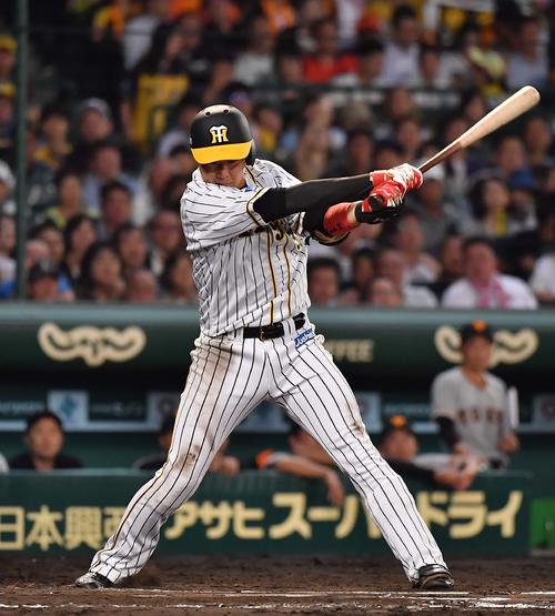 阪神対巨人　6回裏阪神2死一塁、三振に倒れる大山悠輔（撮影・上田博志）