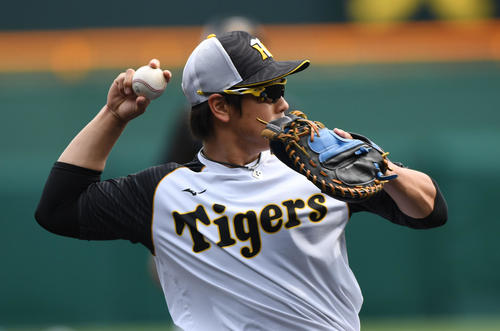 阪神対巨人　守備練習で汗を流す梅野隆太郎（撮影・奥田泰也）