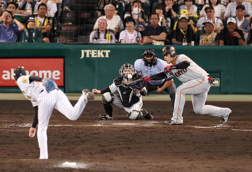 阪神対巨人　9回表巨人無死一、二塁、犠打を決める岡本（撮影・前田充）