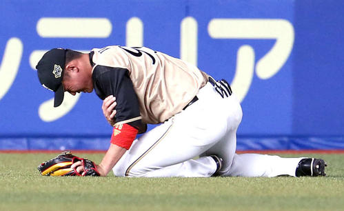 ロッテ対日本ハム　6回裏ロッテ1死、藤岡の打球に飛び込み痛がる日本ハム王柏融（2019年7月9日撮影）