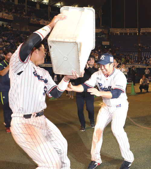 ヤクルト対DeNA　ヒーローインタビュー後、村上（手前）からウオーターシャワーの手荒い祝福を受ける雄平（撮影・狩俣裕三）