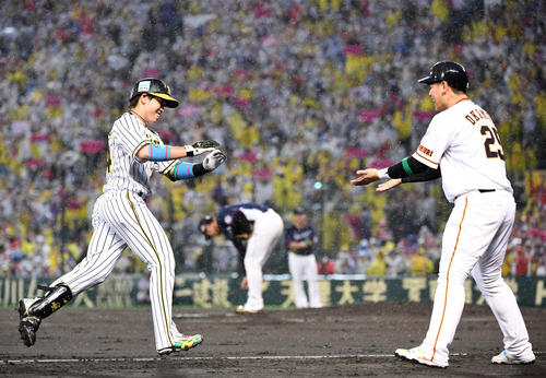 オールスター第2戦　全パ対全セ　2回裏全セ無死、左越え本塁打を放ち巨人岡本（右）とタッチを交わす阪神梅野（撮影・横山健太）
