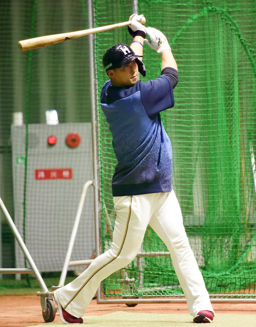 ソフトバンク戦に向け打撃練習する中田翔（撮影・今浪浩三）