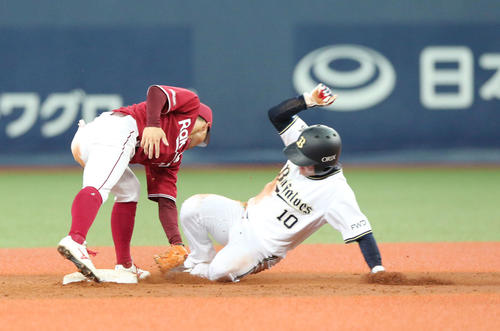 オリックス対楽天　5回裏オリックス1死一塁、打者中川圭太の時、一走大城滉二は二盗を狙うがアウトとなる、左は遊撃手茂木栄五郎（撮影・上山淳一）