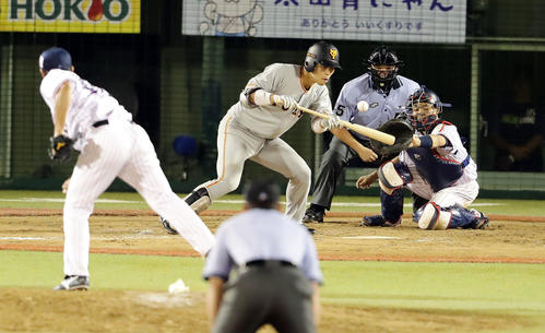 ヤクルト対巨人　11回表巨人無死一塁、大城の送りバントを、ヤクルト五十嵐亮太が一塁悪送球して、一塁走者立岡が一気に三塁を周り勝ち越しの生還（撮影・浅見桂子）