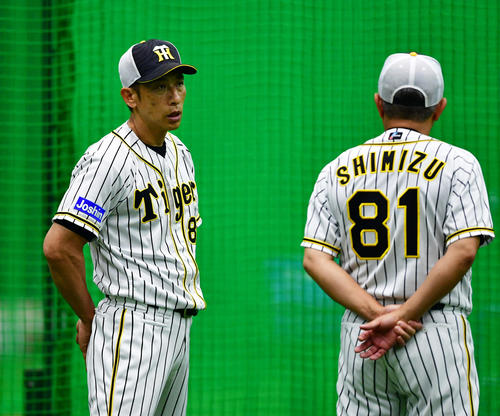 阪神対ヤクルト　清水雅治ヘッドコーチ（右）と話す矢野耀大監督（撮影・清水貴仁）